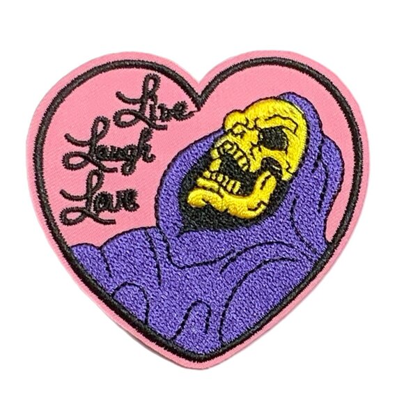 Skeletor Live Laugh Love Iron on Embroidered Patch Pink Purple Heart Shaped - Picture 1 of 4